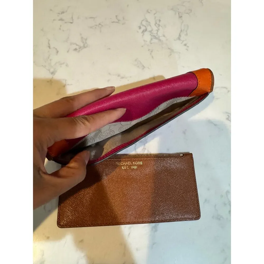 Michael Kors Saffiano Leather Envelope Carryall Wallet pink orange vibrant